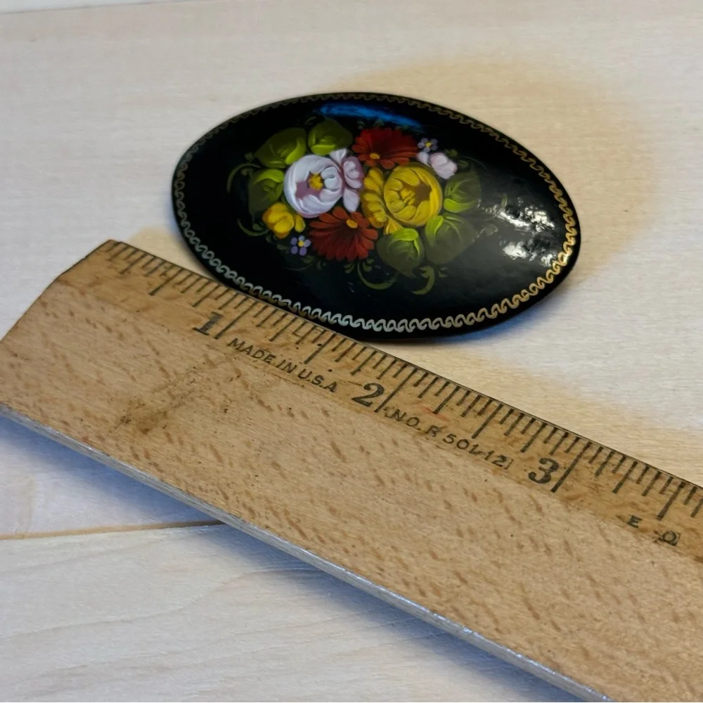 Signed Black Lacquered Floral Brooch Russian Pin Wood Hand Painted Vintage